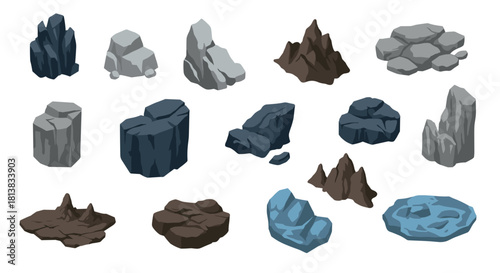 Collection of stylized geometric rock formations in earthy tones on white background