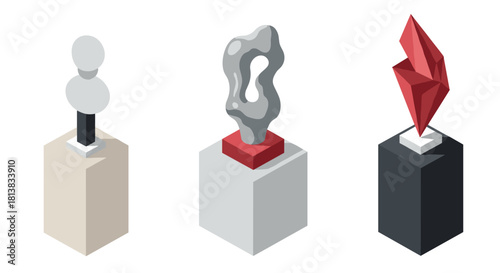 Modern isometric abstract sculptures on pedestals: geometric art display