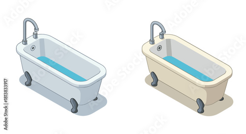 Isometric bathtub illustrations with vintage clawfoot design in blue and beige variants