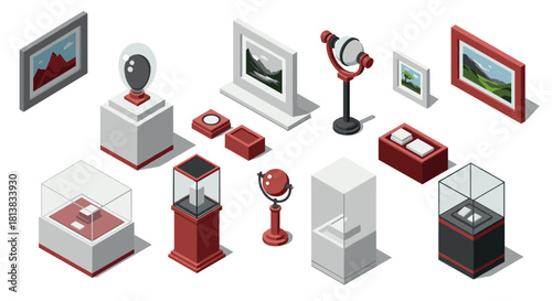 Isometric art gallery exhibits with display stands and frames