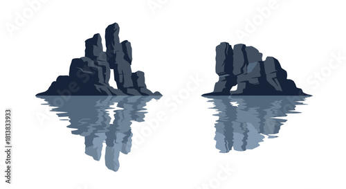 Reflection of dramatic rock formations on calm water surface in minimalist style