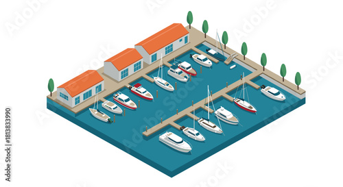 Isometric marina with yachts and boats in a calm dockside environment