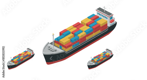 Container cargo ships with colorful freight in isometric design