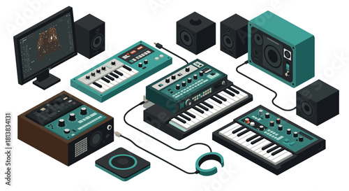 Isometric electronic music studio with synthesizers and speakers in detailed 3d design