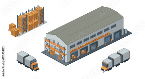 Modern isometric warehouse with delivery trucks and storage racks