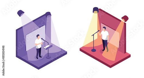 Isometric stage performance with spotlight and microphone