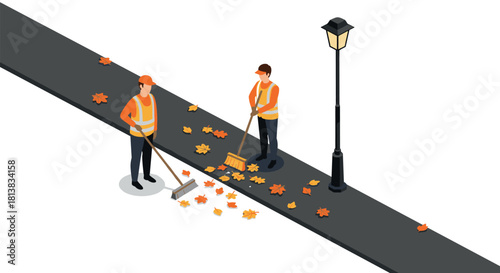 Isometric street cleaners sweeping autumn leaves on pavement