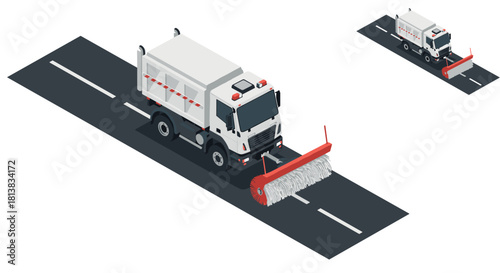Isometric city street sweeper truck on road with cleaning brush for urban maintenance
