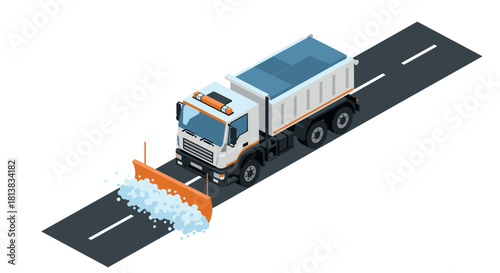Snowplow truck clears roads in isometric winter scene