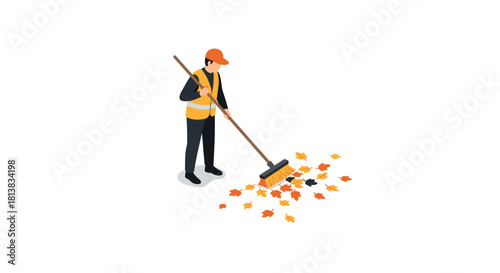 Isometric worker sweeping autumn leaves in urban park