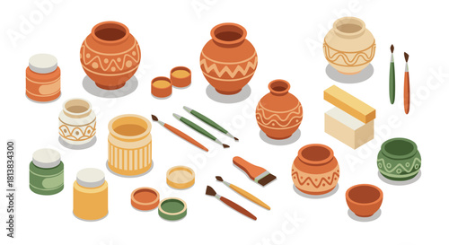 Colorful isometric pottery with paintbrushes and paints