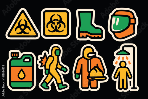 Safety equipment and hazard warning icons: colorful retro symbols for industrial protection