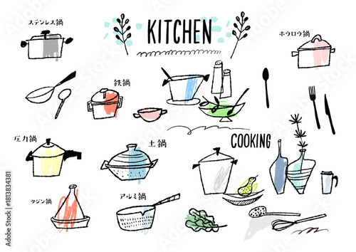 鍋の種類　手描きのキッチンアイテム