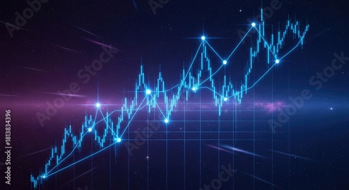 Financial chart with upward trend on a dark blue and purple background, symbolizing growth, success, and positive market performance in business