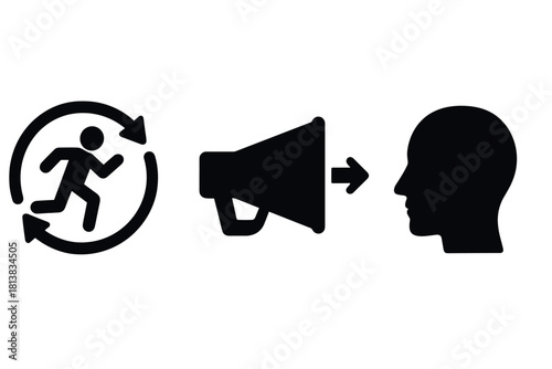 Dynamic communication concept: cycle, megaphone, head silhouette for effective messaging