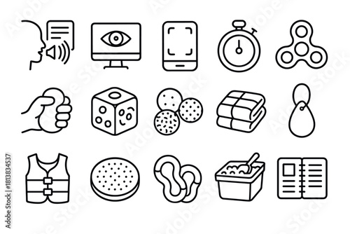 Set of black outline icons: gadgets, stress relief tools, safety gear, food items, silhouette style