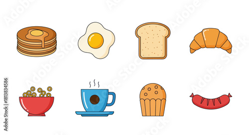 Breakfast food items illustration pancakes eggs toast croissant cereal and more