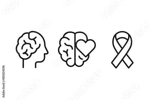 Minimalistic brain and awareness icons set for mental health and support