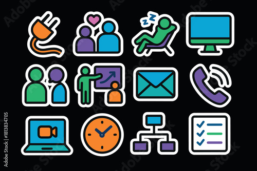 Vibrant stickers for communication and productivity with bold outlines