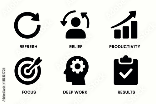 Business workflow icons: productivity, focus, results in modern simplicity