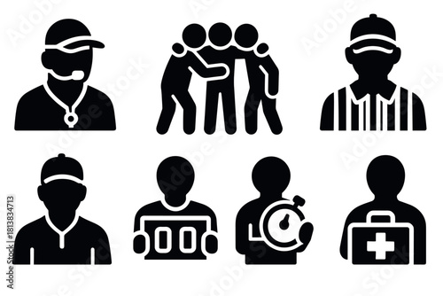 Sports coaching icons: team support, referee, stopwatch, and medical assistance symbols