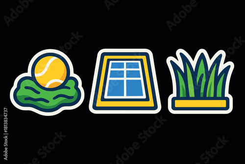 Colorful sports icons: tennis, court, and lawn illustrations on black background