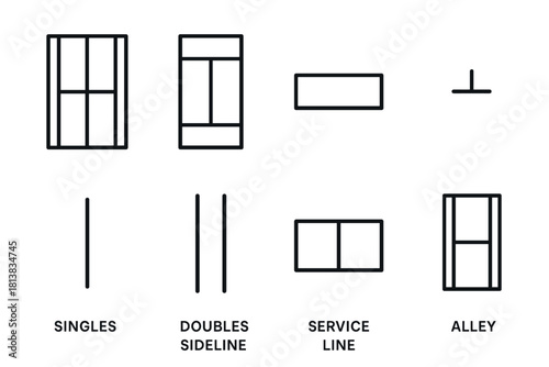 Tennis court lines diagram with singles, doubles, service line, and alley