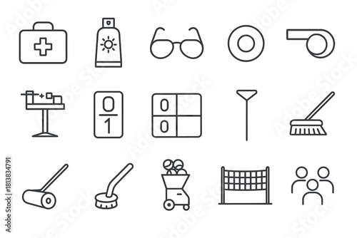Minimalist line icons: first aid, sports, cleaning, and leisure essentials