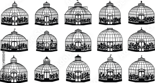 Collection of decorative greenhouse silhouettes with botanical plants detailed dome structures perfect for garden architecture design and elegant botanical illustration projects