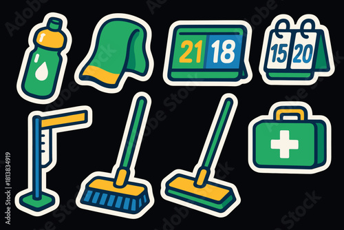 Colorful cleaning tools and calendar stickers on black background