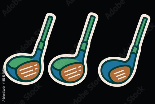 Three colorful cartoon golf clubs on black background