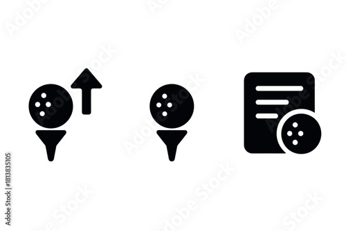 Golf tee and ball icons set: simple black silhouette with arrow and document