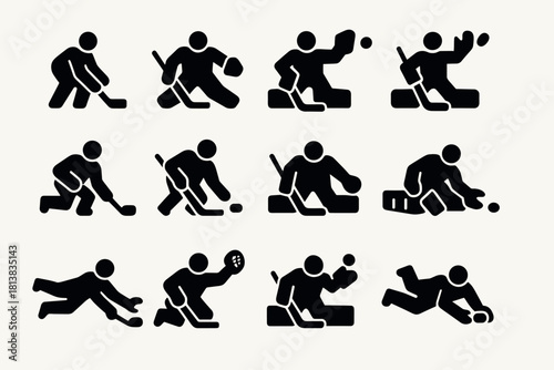 Silhouette icons of hockey goalkeeper actions in black and white