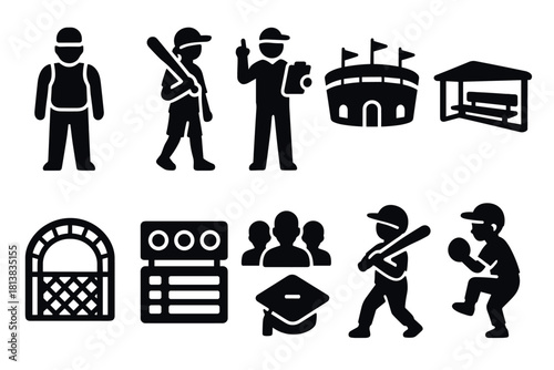Silhouette baseball icons: players, stadium, dugout, and scoreboard