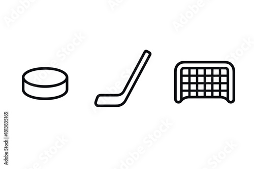 Minimalist line icons of hockey puck, stick, and goal post for sport designs
