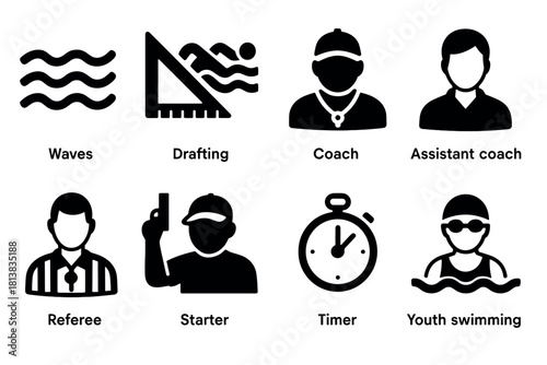 Swimming event icon set featuring waves, stopwatch, coach, and swimmer designs