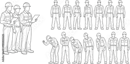 Construction workers in safety uniforms shown in multiple poses detailed line art illustration for industrial labor training engineering guidance and workplace projects