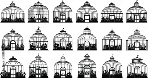 Collection of elegant greenhouse silhouettes featuring decorative botanical plants inside detailed dome structures perfect for garden architecture illustration and nature themed design projects
