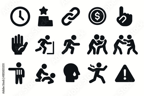Black silhouette icon set: time, success, action, caution, communication