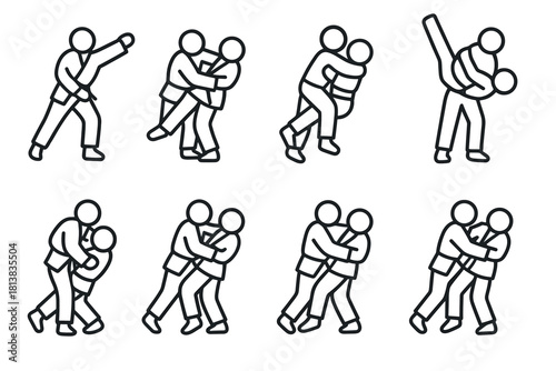 Line art wrestlers: eight dynamic judo moves in linear style