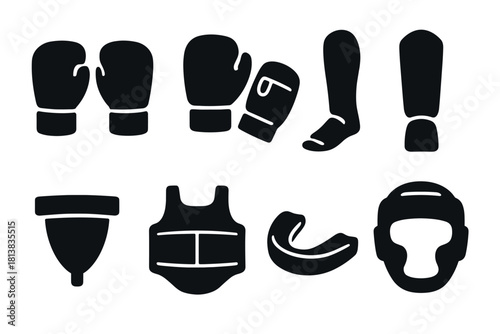 Silhouette martial arts equipment icons: gloves, shin guards, protective gear