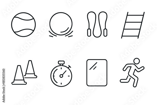 Minimalist sport and fitness icons: tennis, jump rope, stopwatch, running