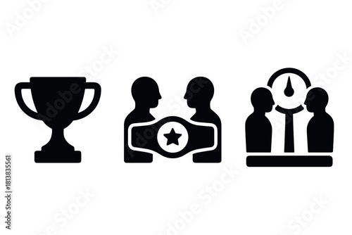 Champion icons: trophy, boxing belt, and competitor weigh-in silhouettes