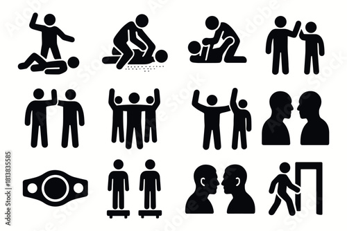 Silhouette stick figure actions and interactions set for diverse illustrative concepts