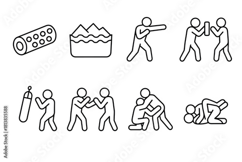 Linear icons of martial arts practice and training equipment
