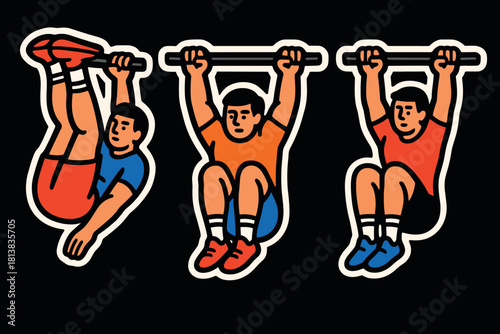 Dynamic graphic of athletes performing gymnastic bar exercises in bold stylized design
