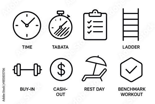 Minimalist fitness icons set: stopwatch, ladder, dumbbell, rest day symbols