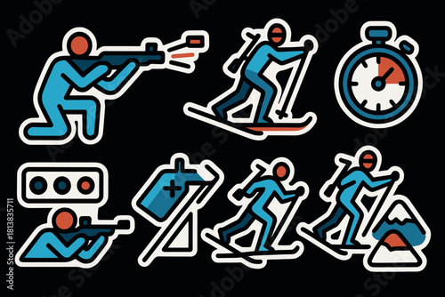 Winter sports icons featuring biathlon and skiing in modern outline style