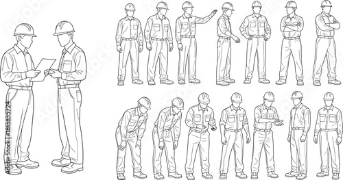 Construction workers in various poses wearing safety helmets detailed line art illustration showing industrial labor actions for engineering and workplace design projects