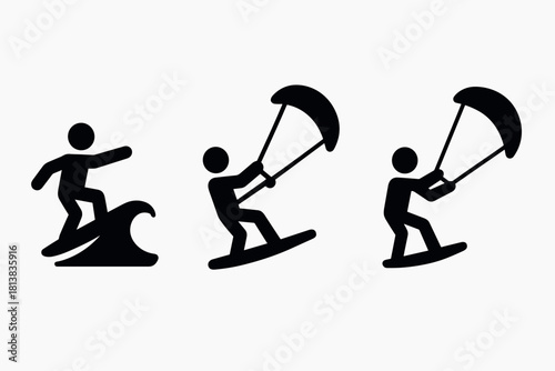 Water sports icons featuring surfing and kitesurfing in black silhouette design